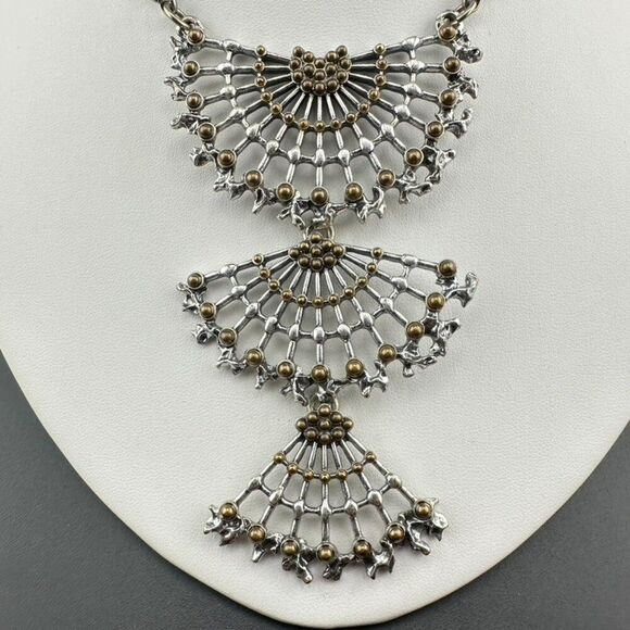 LUCKY BRAND Fan Silver Tone Bib Statement 34" Rolo Chain Bohemian Necklace - Picture 4 of 5